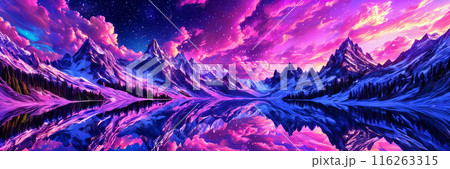 Purple mountains reflecting on water. 116263315