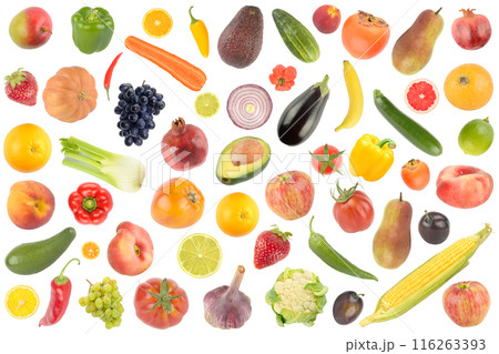 Large collection fresh berries, vegetables and fruits isolated on white 116263393
