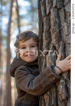 Selective focus of A Caucasian boy hugs the trunk of a big tree in the forest with a happy smile. 116263454