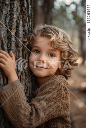 Selective focus of A Caucasian boy hugs the trunk of a big tree in the forest with a happy smile. 116263455