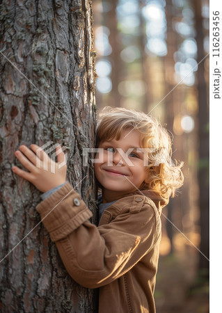 Selective focus of A Caucasian boy hugs the trunk of a big tree in the forest with a happy smile. 116263456