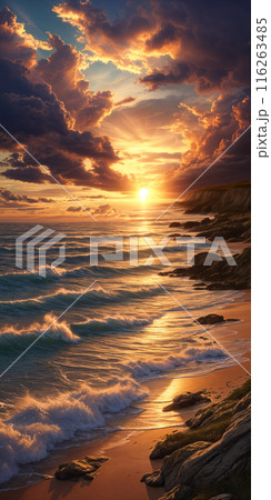 Sunset on beach with waves crashing. 116263485