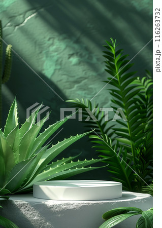 3D rendering of a white podium on an aloe vera. simple background banner design. 116263732