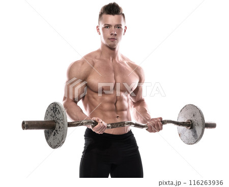 Young bodybuilder with barbell in studio on white background 116263936