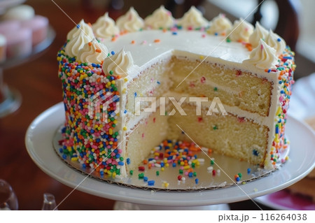 A white cake with sprinkles and buttercream frosting sits on a stand. A slice shows the moist layers inside. 116264038