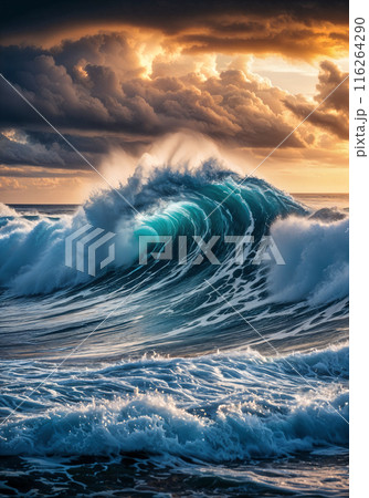 Waves crashing on beach. 116264290