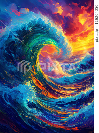 Colorful wave with vibrant colors and a sunset background. 116264350