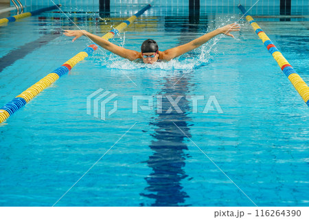 Professional woman swimmer during her workout in the pool 116264390