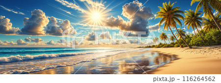 Sunny beach scene with palm trees and ocean. 116264562