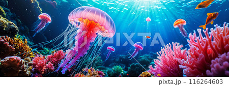 Underwater scene with jellyfish and coral. Underwater scene with jellyfish and coral. 116264603