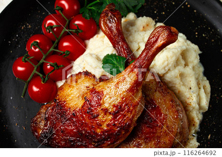 Fried duck shank, cauliflower puree, cherry tomatoes, homemade, no people, 116264692