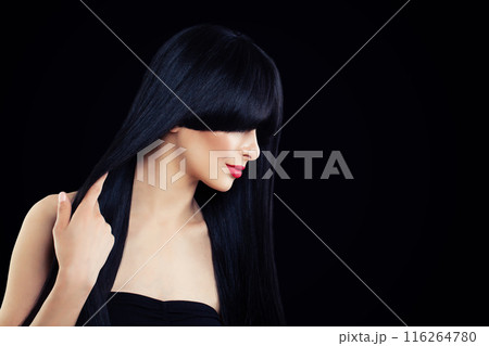 Gorgeous young model woman with long healthy dark straight smooth hair and make-up 116264780