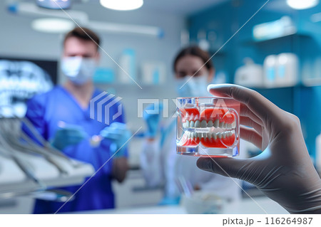 Dentist holds dental model and shows patient how to care for white teeth in clinic. 116264987