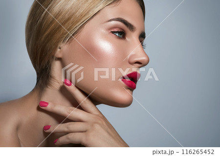 Portrait of beautiful blonde girl with red lips 116265452