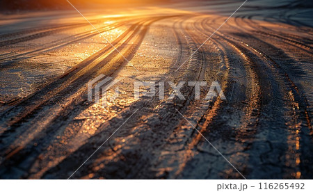 Car tires on a sunlit street can be utilized for commercial purposes 116265492