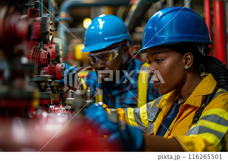 African American male and female engineers inspecting water valves together in a fire safety room. African American male and female engineers inspecting water valves together in a fire safety room. 116265501