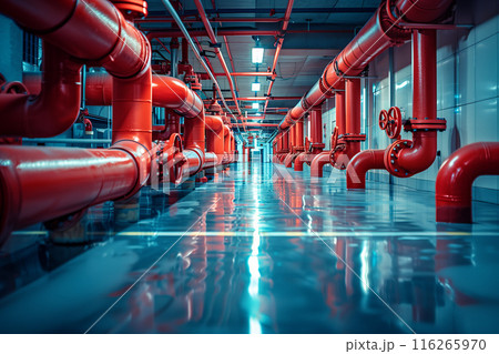 Selective focus of Red water pipes and fire extinguishing system valves in the building. 116265970