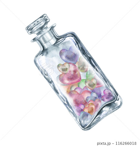 Transparent glass bottles with pearl multicolor hearts. Watercolor illustration of love potion for Valentine's day, wedding, interior decor, aromatic oils for aromatherapy, alcohol, alchemy, cooking Transparent glass bottles with pearl multicolor hearts. Watercolor illustration of love potion for Valentine's day, wedding, interior decor, aromatic oils for aromatherapy, alcohol, alchemy, cooking 116266018