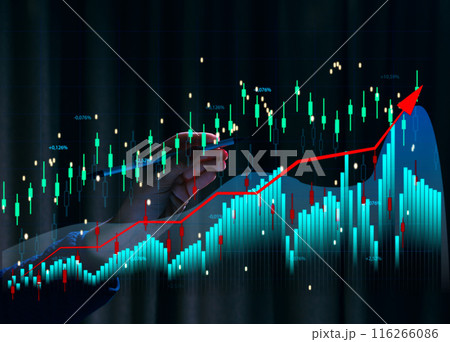 Virtual neon graph and female hand, profit analysis and sales growth dynamics 116266086