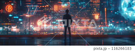 Selective focus of A businessman stands in front of a screen displaying digital media content, a holographic image that illuminates the background as a futuristic scene. 116266183