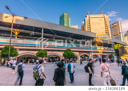 日本の東京都市景観 7月。新橋駅(日比谷口）などを望む。奥に汐留のビル群＝3日 116266189