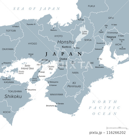 Kansai region, or the Kinki region in Japan, gray political map. Southern-central region of the main island Honshu, consisting of the prefectures Hyogo, Mie, Nara, Osaka, Kyoto, Shiga, and Wakayama. 116266202