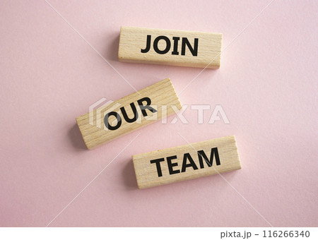 Join our team symbol. Wooden blocks with words Join our team. Beautiful pink background. Business and Join our team concept. Copy space. Join our team symbol. Wooden blocks with words Join our team. Beautiful pink background. Business and Join our team concept. Copy space. 116266340