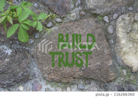 Build trust symbol. Stone wall with words Build trust. Beautiful stone background. Business and Build trust concept. Copy space. Build trust symbol. Stone wall with words Build trust. Beautiful stone background. Business and Build trust concept. Copy space. 116266360