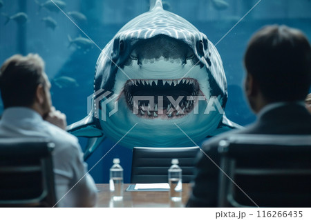 A shark is in a tank in front of two men in suits 116266435