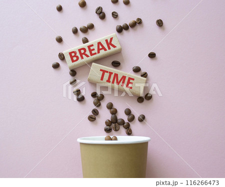 Break Time symbol. Concept word Break Time on wooden blocks. Beautiful pink background with coffee cup. Business and Break Time concept. Copy space Break Time symbol. Concept word Break Time on wooden blocks. Beautiful pink background with coffee cup. Business and Break Time concept. Copy space 116266473