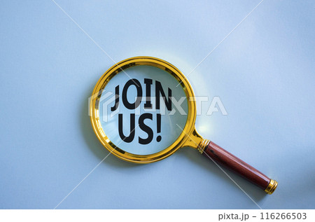 Join us symbol. Concept word Join us on magnifying glass. Beautiful blue background. Business and Join us concept. Copy space 116266503