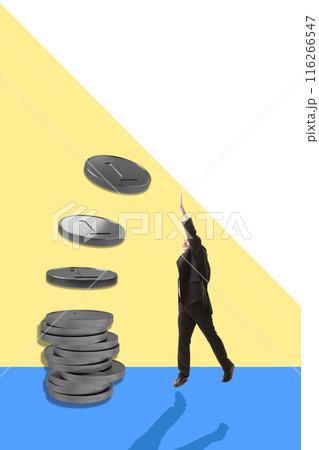Businessman collecting coins, symbolizing financial growth and success. Ambition and upward movement. Contemporary art collage 116266547