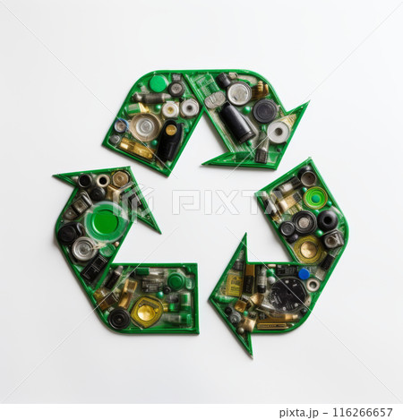 A green recycling symbol is created using a variety of electronic waste, highlighting the potential for reuse and reducing landfill waste 116266657
