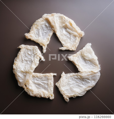 White plastic bags arranged in a recycling symbol on a brown background. The crinkled bags create an interesting and symbolic image of recycling 116266660