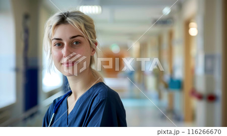A young woman in a blue medical uniform stands in a hospital hallway, looking confidently at the camera 116266670