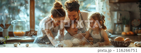 Selective focus of Caucasian family having fun baking in the kitchen. 116266751