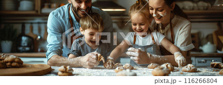 Selective focus of Caucasian family having fun baking in the kitchen. 116266804