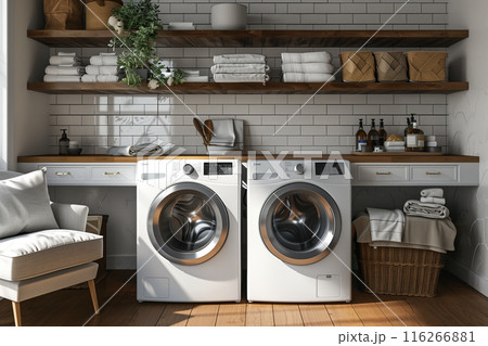 Selective focus of modern and simple laundry room with washing machine. White walls decorated with a minimalist wooden shelf above the washing machine. 116266881