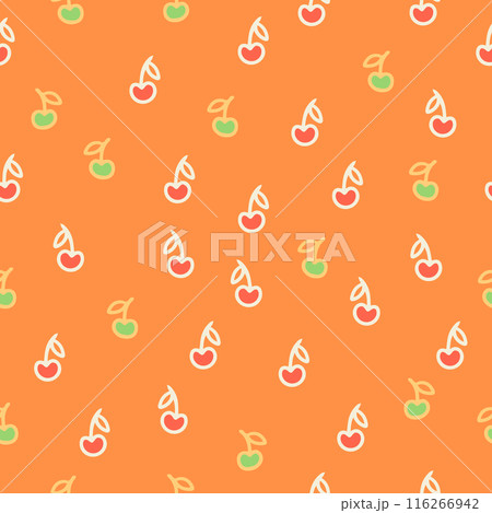 Seamless pattern featuring playful red and green cherries on a bright orange background. Ideal for textiles, wallpapers, packaging, digital art, invitations, stationery, home decor, gift wrap, crafts 116266942