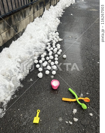 埼玉県所沢市、2月上旬、雪の後に、子供達が作った丸い沢山の雪のボールです。 埼玉県所沢市、2月上旬、雪の後に、子供達が作った丸い沢山の雪のボールです。 116267003