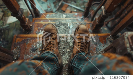 Top view of person in boots on a dilapidated...のイラスト素材 [116267054] - PIXTA