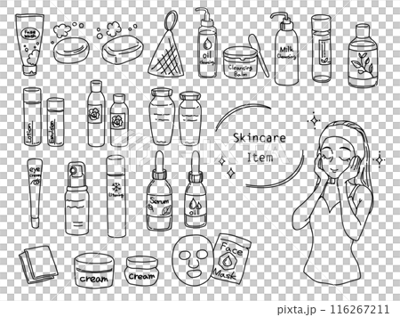 Skin care products and women illustration set (line drawing) Skin care products and women illustration set (line drawing) 116267211