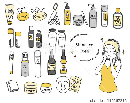 スキンケアグッズと女性のイラストセット(イエロー) スキンケアグッズと女性のイラストセット(イエロー) 116267213