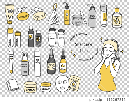 スキンケアグッズと女性のイラストセット(イエロー) スキンケアグッズと女性のイラストセット(イエロー) 116267213
