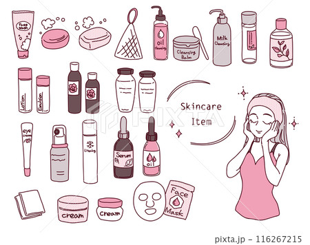 スキンケアグッズと女性のイラストセット(ピンク) スキンケアグッズと女性のイラストセット(ピンク) 116267215