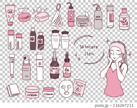 スキンケアグッズと女性のイラストセット(ピンク) スキンケアグッズと女性のイラストセット(ピンク) 116267215