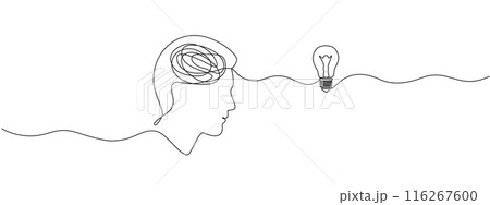 A head with a light bulb drawn in one continuous line. Concept of thinking, education, psychology. Vector editable line illustration. 116267600