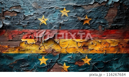 Peeling Painted Flag on Weathered Wood. A close-up of a weathered and peeling painted flag on a wooden surface, symbolizing decay and nostalgia. Peeling Painted Flag on Weathered Wood. A close-up of a weathered and peeling painted flag on a wooden surface, symbolizing decay and nostalgia. 116267684