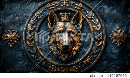 Ornate bronze bas-relief of a dog's head with a crown. Art and design concept. 116267686