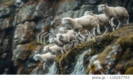 Flock of sheep jumping off a cliff with a rocky...のイラスト素材 [116267703 ...